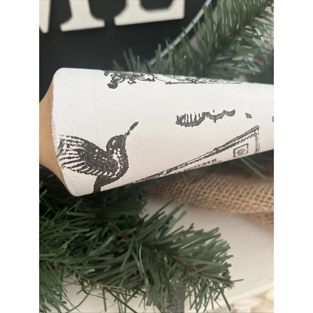 Up Cycled Alabaster Painted Black Stenciled Wooden Rolling Pin Farmhouse Decor